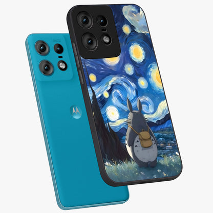 Totoro In Van Gogh Art Glass Case displayed in angled mockup highlighting artistic swirling sky design with playful animation aesthetic.