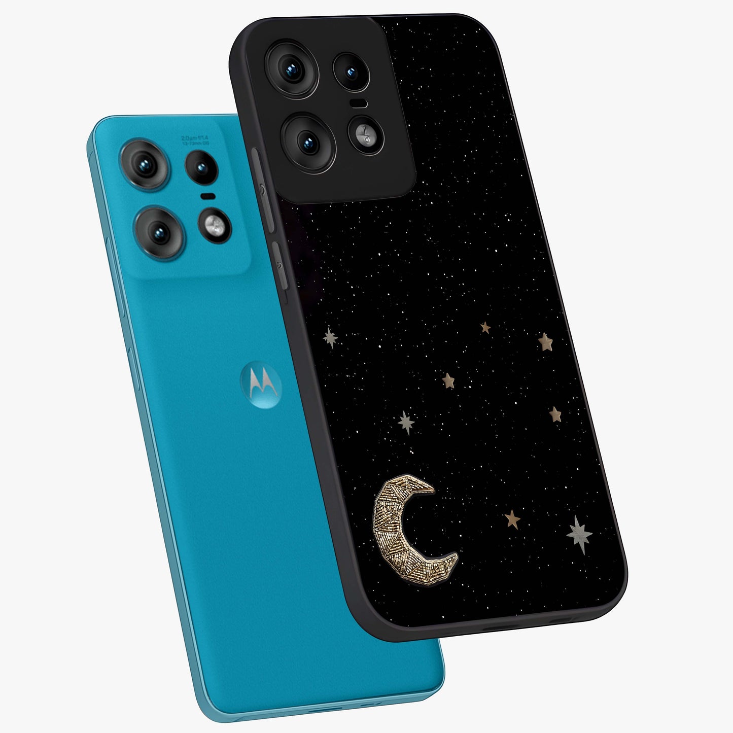 Twinkle Star With Half Moon Glass Case displayed in angled mockup highlighting celestial moon and star design with magical aesthetic.