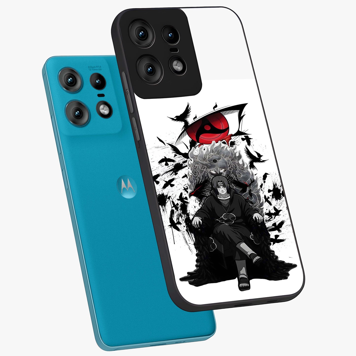 Uchiha Shadow Throne Glass Case displayed in angled mockup highlighting glowing aquatic design with celestial aesthetic.