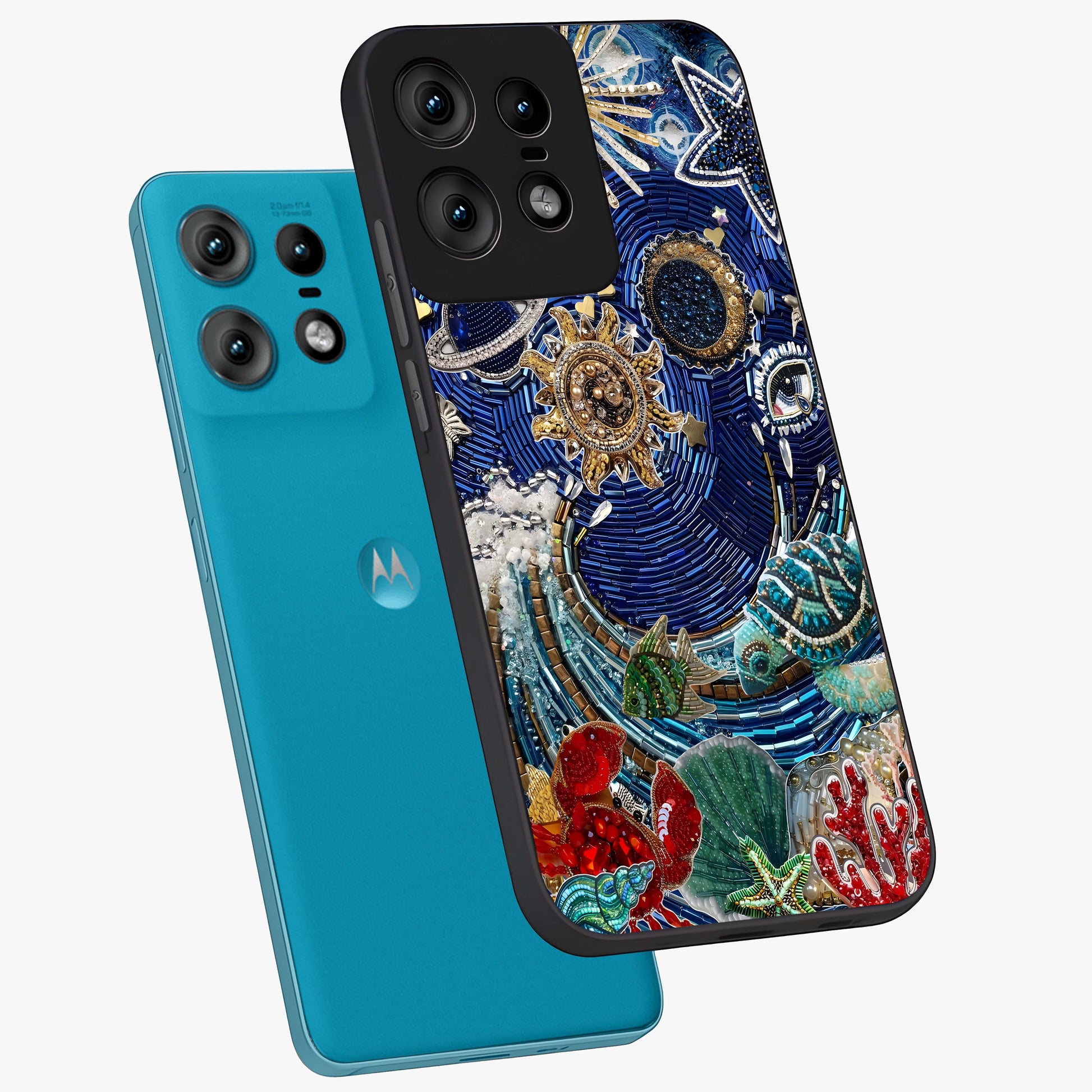 Universe Underwater Spark Glass Case displayed in angled mockup highlighting glowing aquatic design with celestial aesthetic.