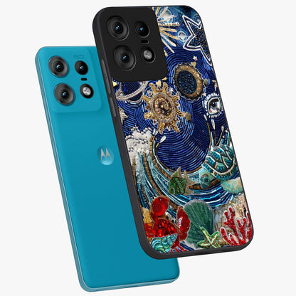 Universe Underwater Spark Glass Case displayed in angled mockup highlighting glowing aquatic design with celestial aesthetic.