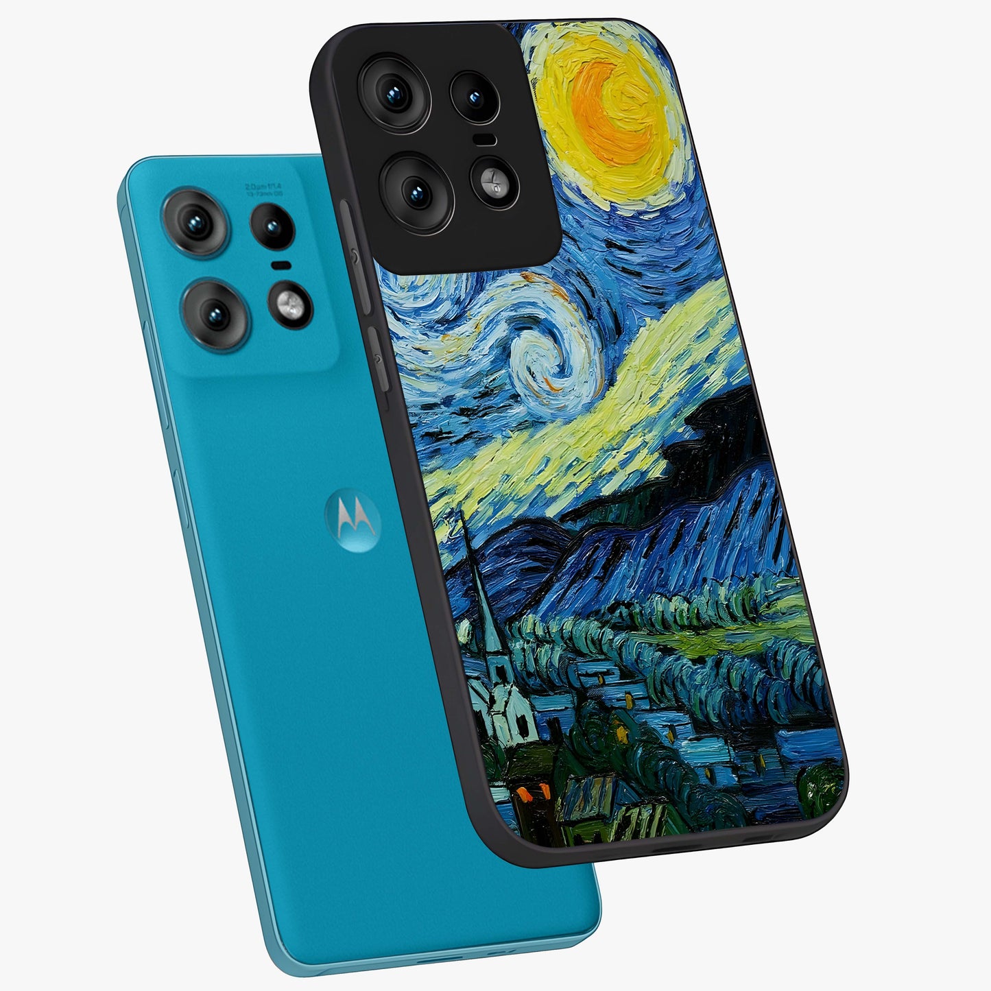 Van Gogh Art Glass Case displayed in angled mockup highlighting swirling brushstroke design with artistic aesthetic.
