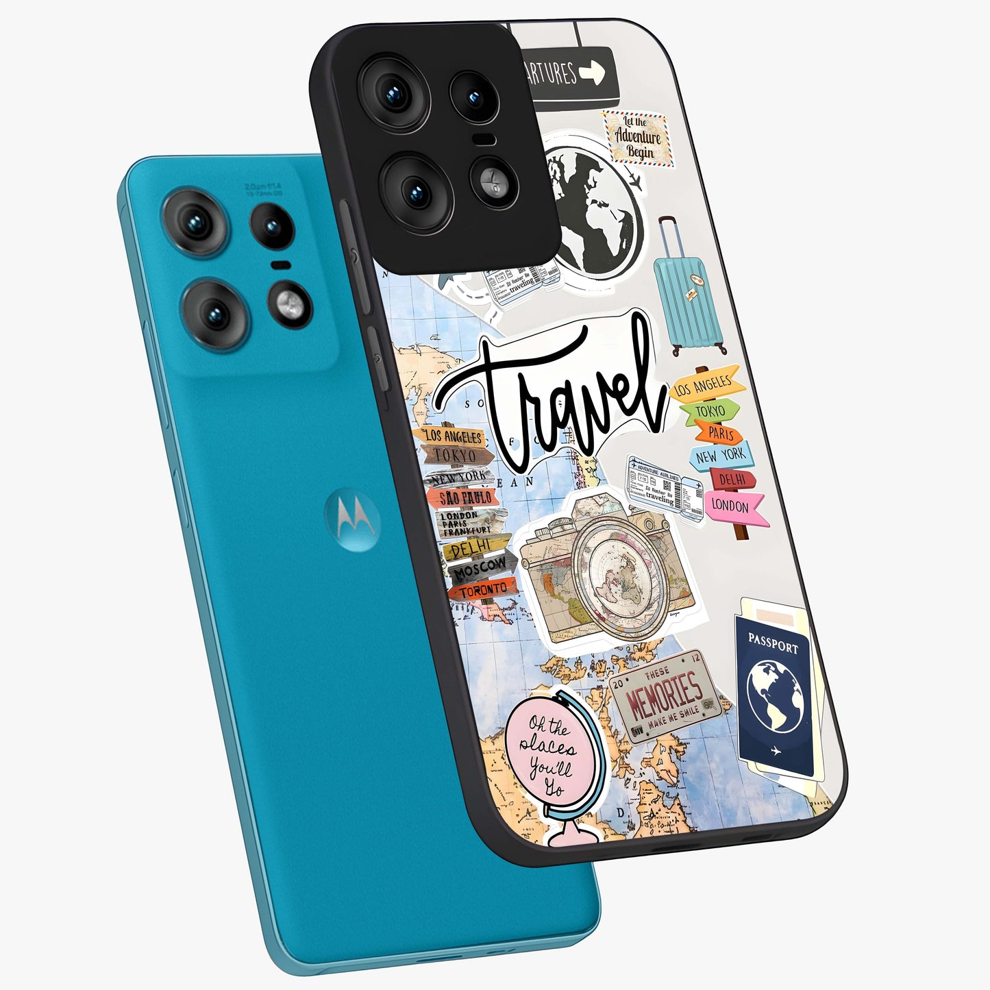 Wanderlust Journal Glass Case displayed in angled mockup highlighting adventure themed design with aesthetic travel vibe.
