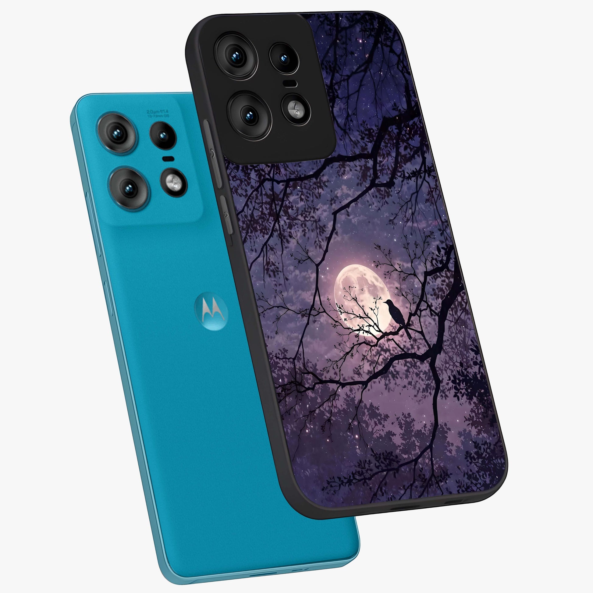 Whispering Moon Silence Glass Case displayed in angled mockup highlighting calm lunar design with dreamy night aesthetic.
