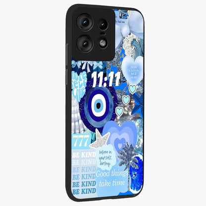 Aesthetic Be Kind Eye Glass Case upright view showcasing stylish eye illustration with positive message theme.