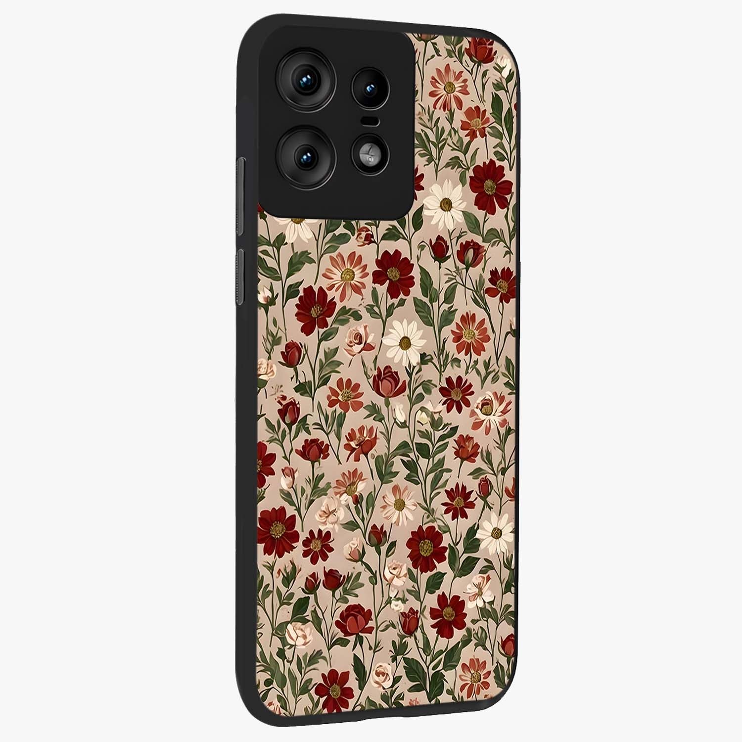 Biege Flower With Leaf Glass Case upright view showcasing delicate beige flower illustration with clean botanical style.