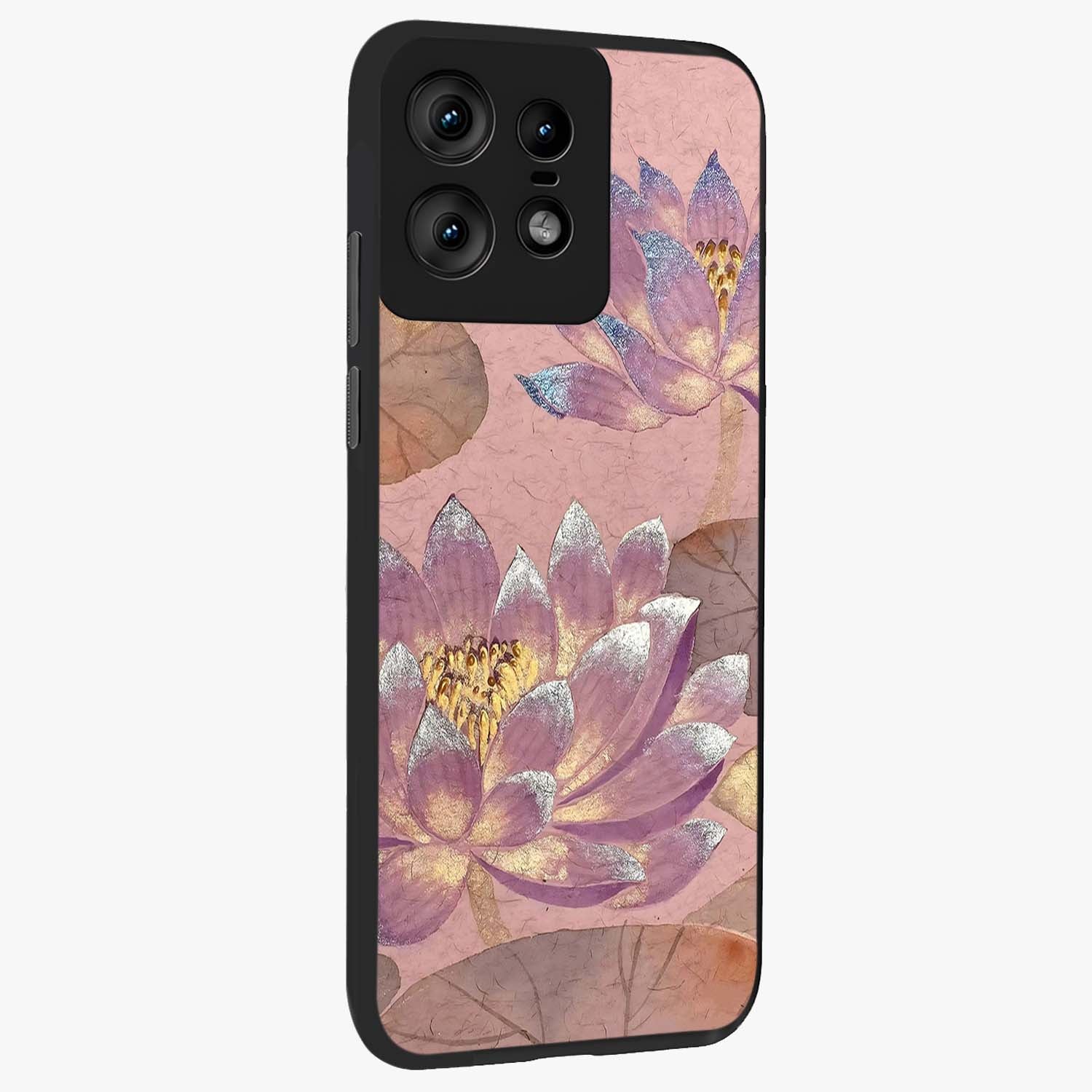 Blossom Mist Lotus Glass Case upright view showcasing graceful lotus flower design with peaceful botanical style.