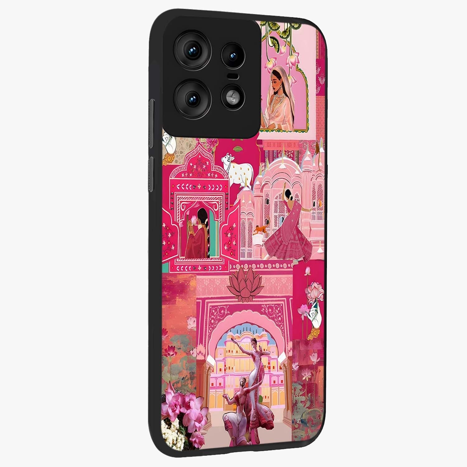 Blossoms of Rajasthan Glass Case upright view showcasing colorful floral design inspired by traditional Indian art.