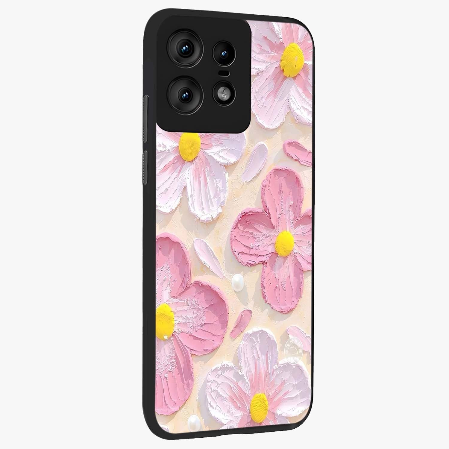 Blush Bloom Texture Glass Case upright view showcasing delicate blush floral texture with modern minimal style.