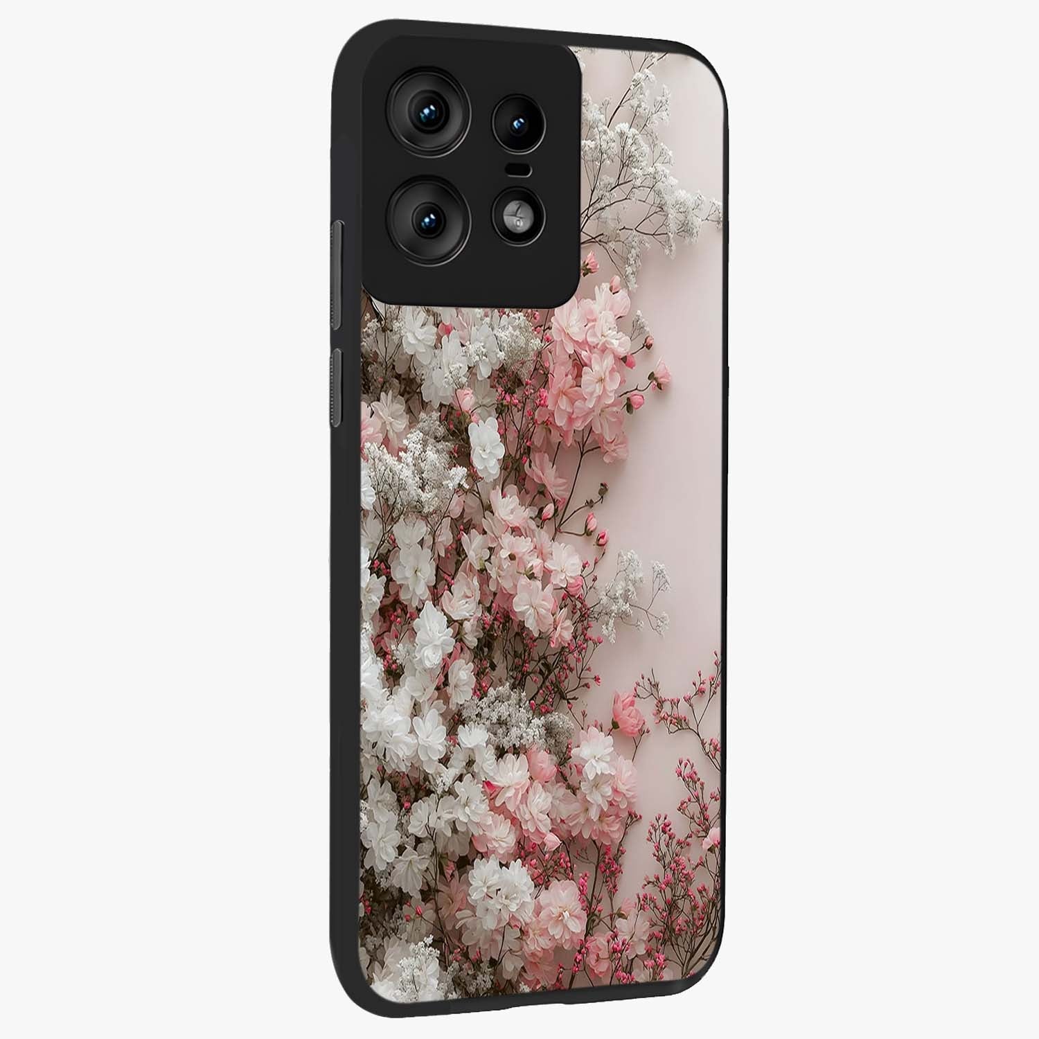 Blush Blossom Cloud Glass Case upright view showcasing calm floral cloud artwork with gentle dreamy theme.