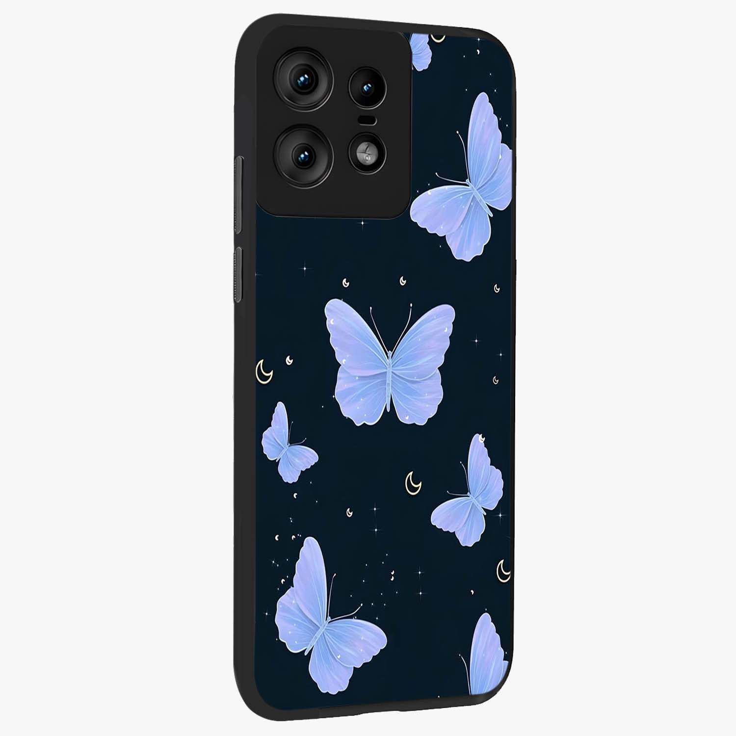 Butterfly With Stars Pattern Glass Case upright view showcasing celestial butterfly artwork with sparkling star elements.
