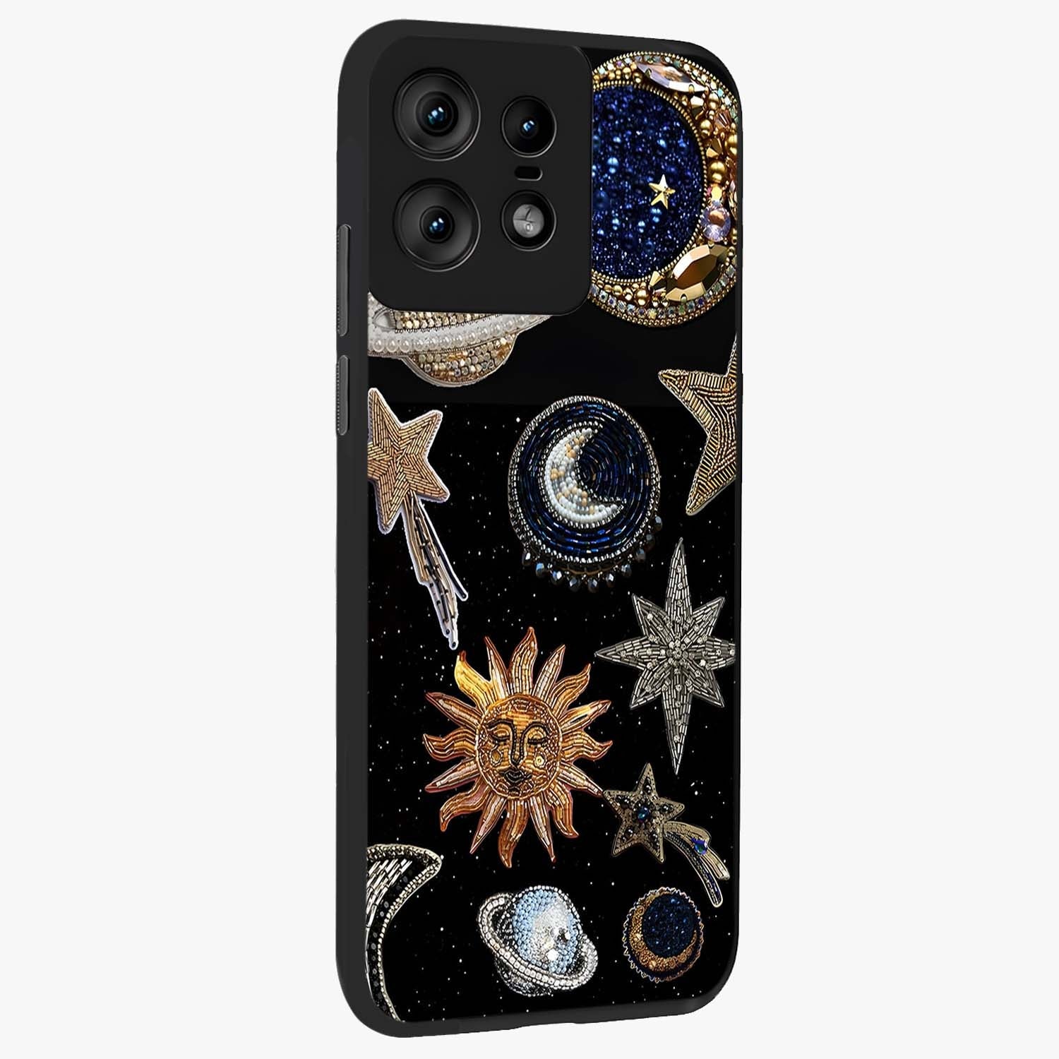 Celestial Gem Constellations Glass Case upright view showcasing cosmic constellation artwork with celestial aesthetic style.