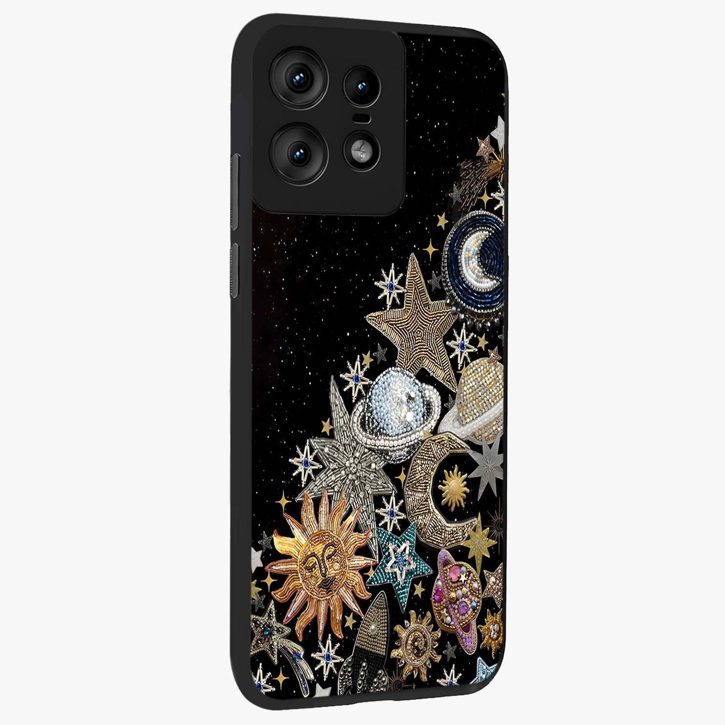 Cosmic Sparkle Dreams Glass Case upright view showcasing glowing cosmic artwork with magical galaxy theme.
