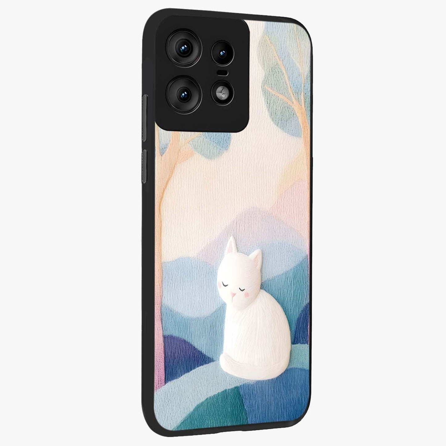 Cotton Dream Cat Glass Case upright view showcasing charming cat artwork with cozy dreamy theme.