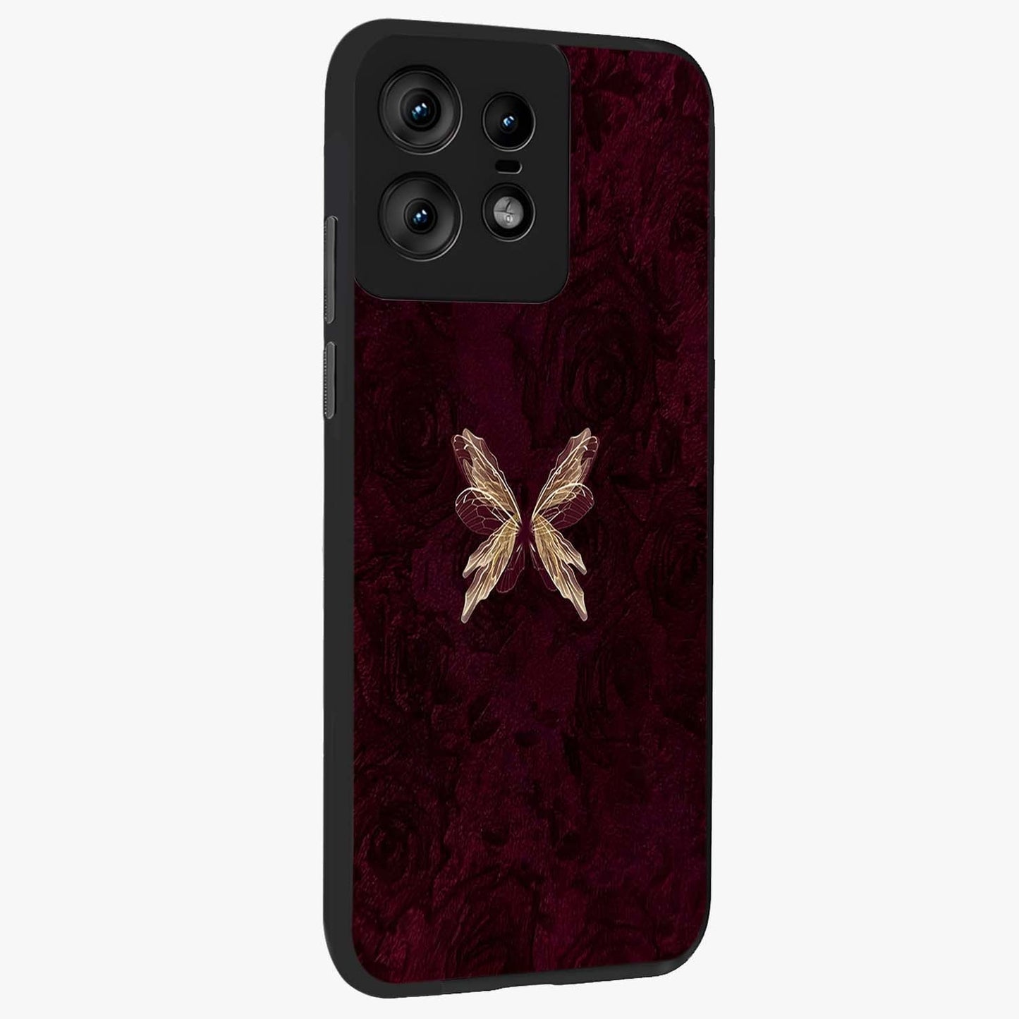 Crimson Fade Butterfly Glass Case upright view showcasing graceful butterfly artwork with soft crimson fade effect.