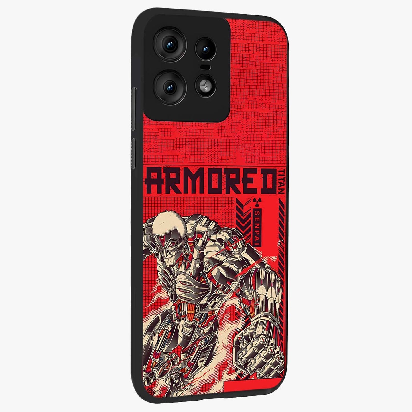 Crimson Mecha Titan Glass Case upright view showcasing dynamic robotic titan design with sci-fi inspired theme.