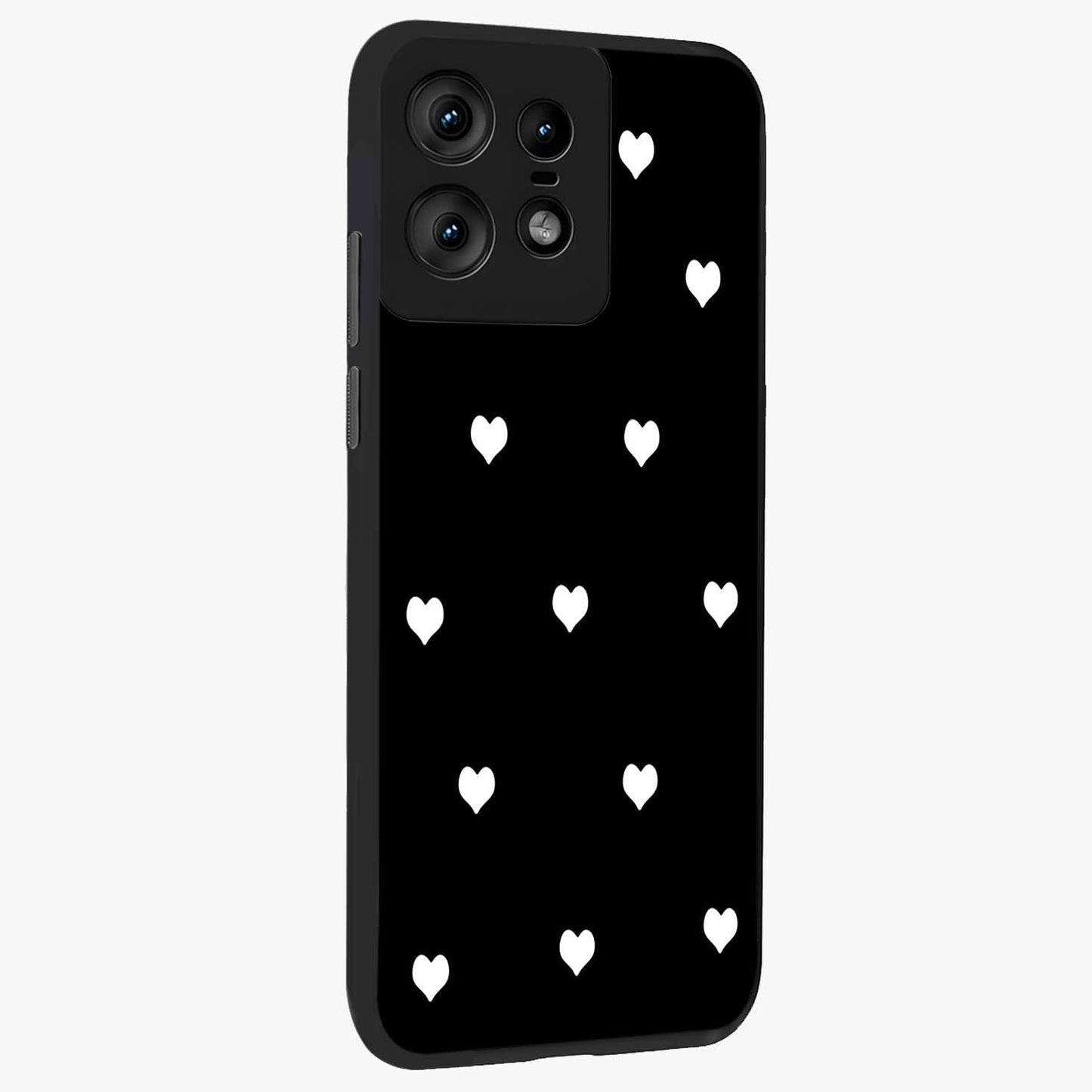Cute And Simple White Hearts Glass Case upright view showcasing simple white hearts artwork with soft minimal theme.