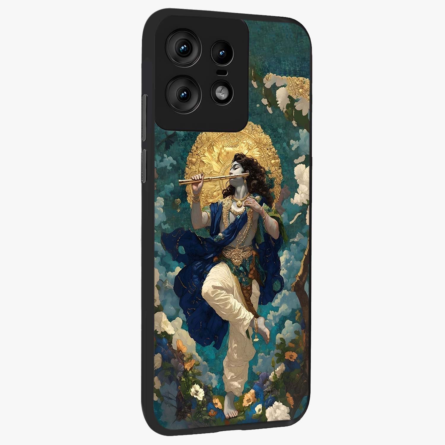 Divine Krishna Art Glass Case upright view showcasing divine Krishna artwork with sacred artistic theme.