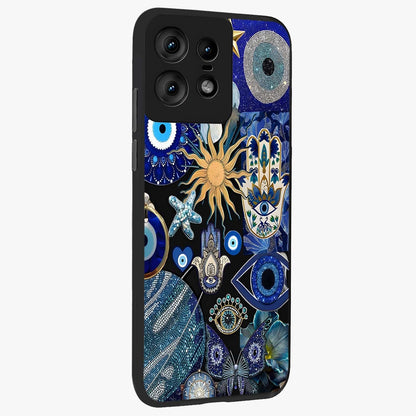Evil Eye Charm Mix Glass Case upright view showcasing mystical evil eye pattern with vibrant decorative style.