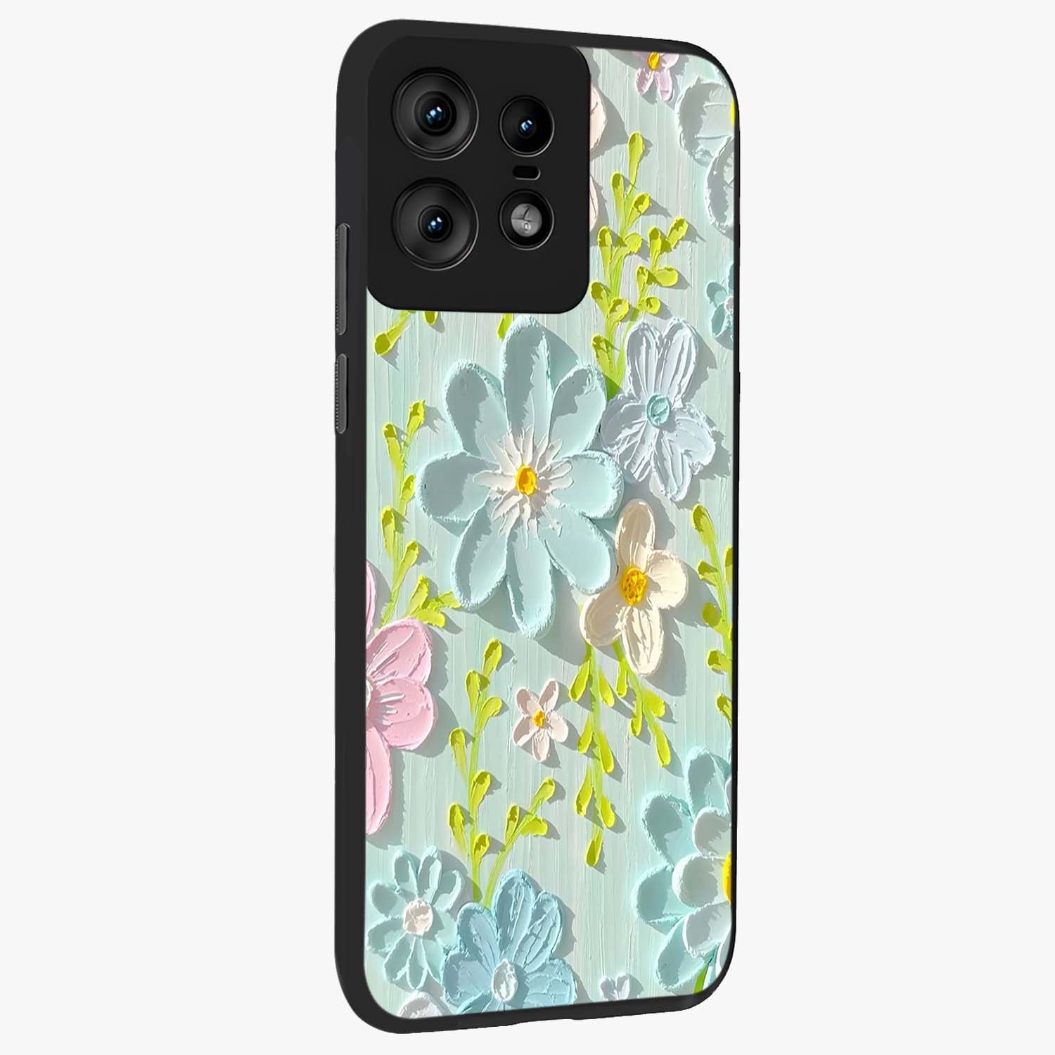 Frosted Petal Garden Glass Case upright view showcasing elegant floral garden artwork with soothing pastel theme.