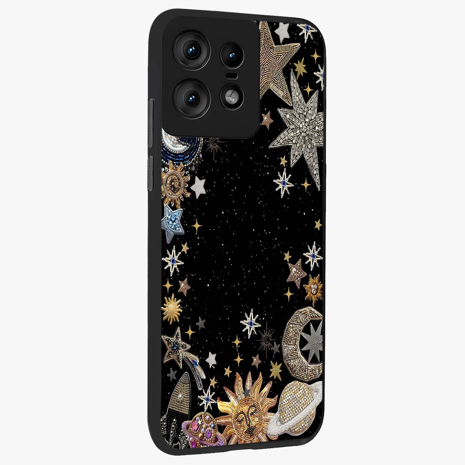 Galactic Jewel Stars Glass Case upright view showcasing glittering star jewel artwork with vibrant galaxy theme.