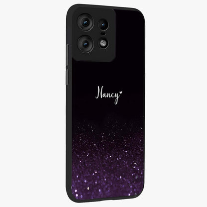 Glittery Purple Bokeh Custom Name Glass Case upright view showcasing vibrant purple sparkle artwork with personalized aesthetic style.