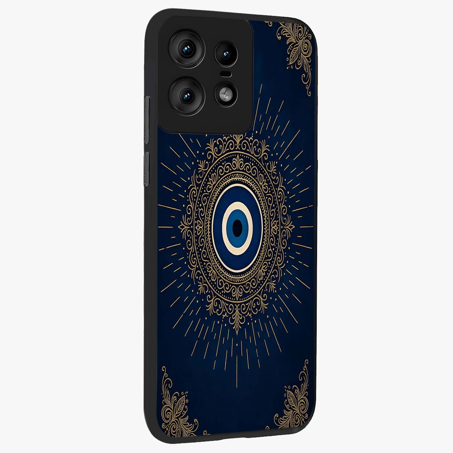 Golden Celestial Charm Glass Case upright view showcasing radiant celestial artwork with elegant golden theme.