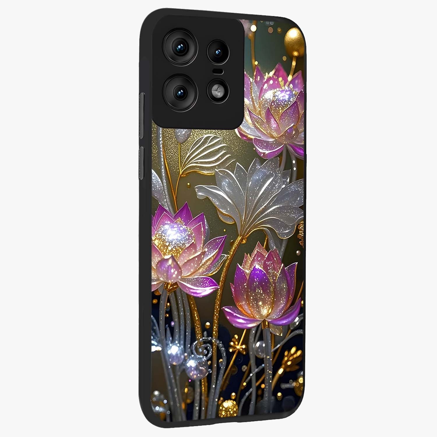 Golden Floral Majesty Glass Case upright view showcasing majestic floral artwork with rich decorative theme.