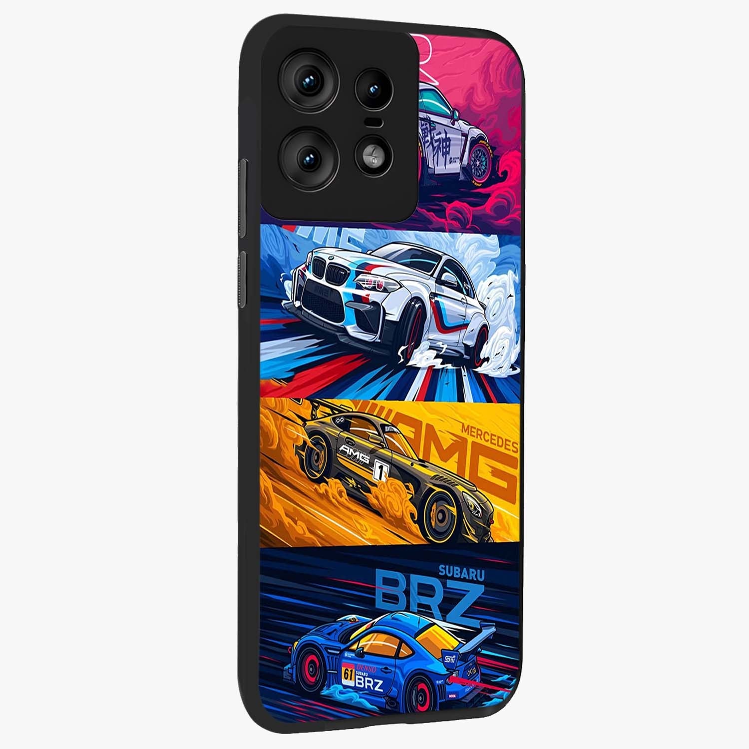 JDM Sports Car Glass Case upright view showcasing dynamic sports car artwork with bold racing theme.