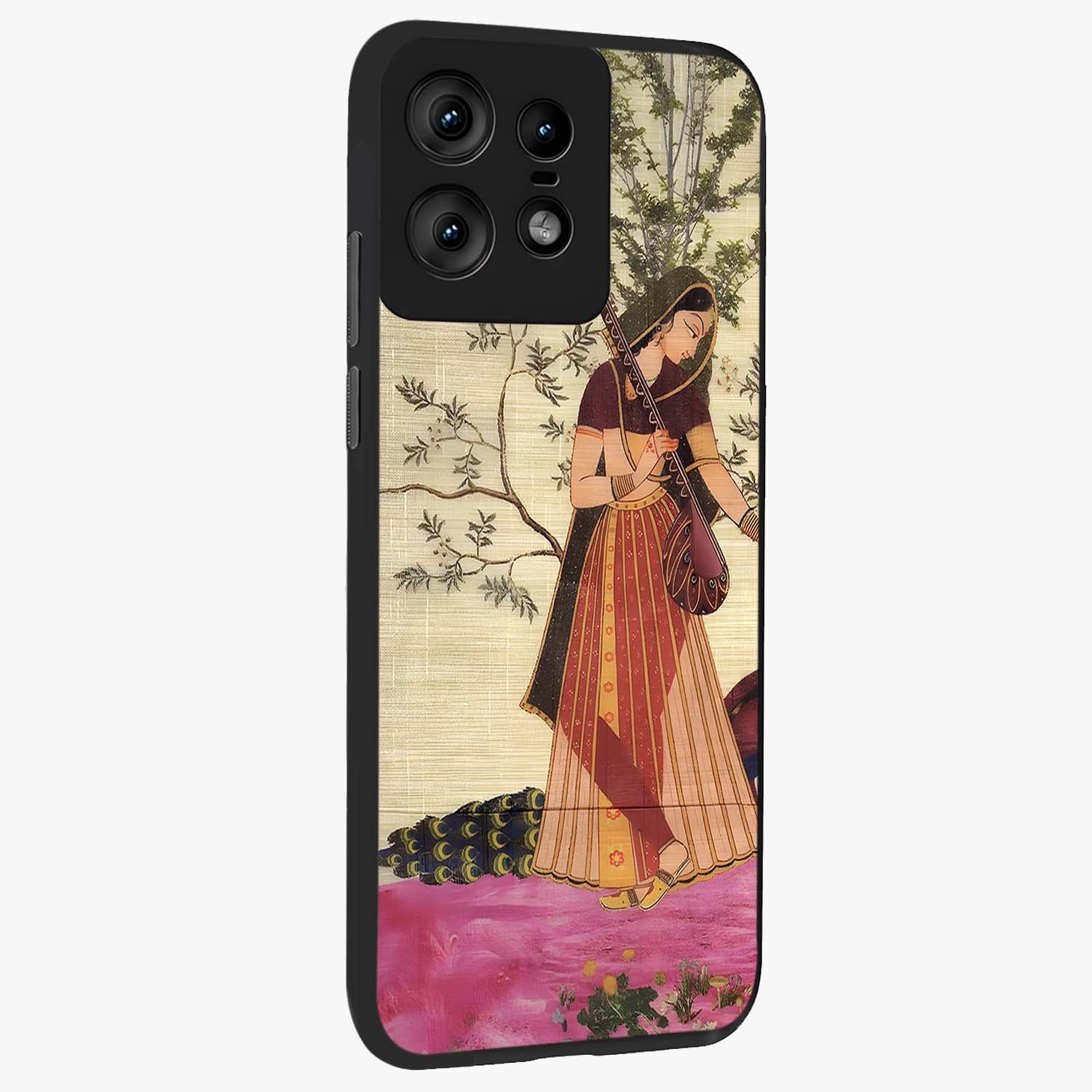 Lady With Veena Art Glass Case upright view showcasing classical veena artwork with traditional artistic theme.