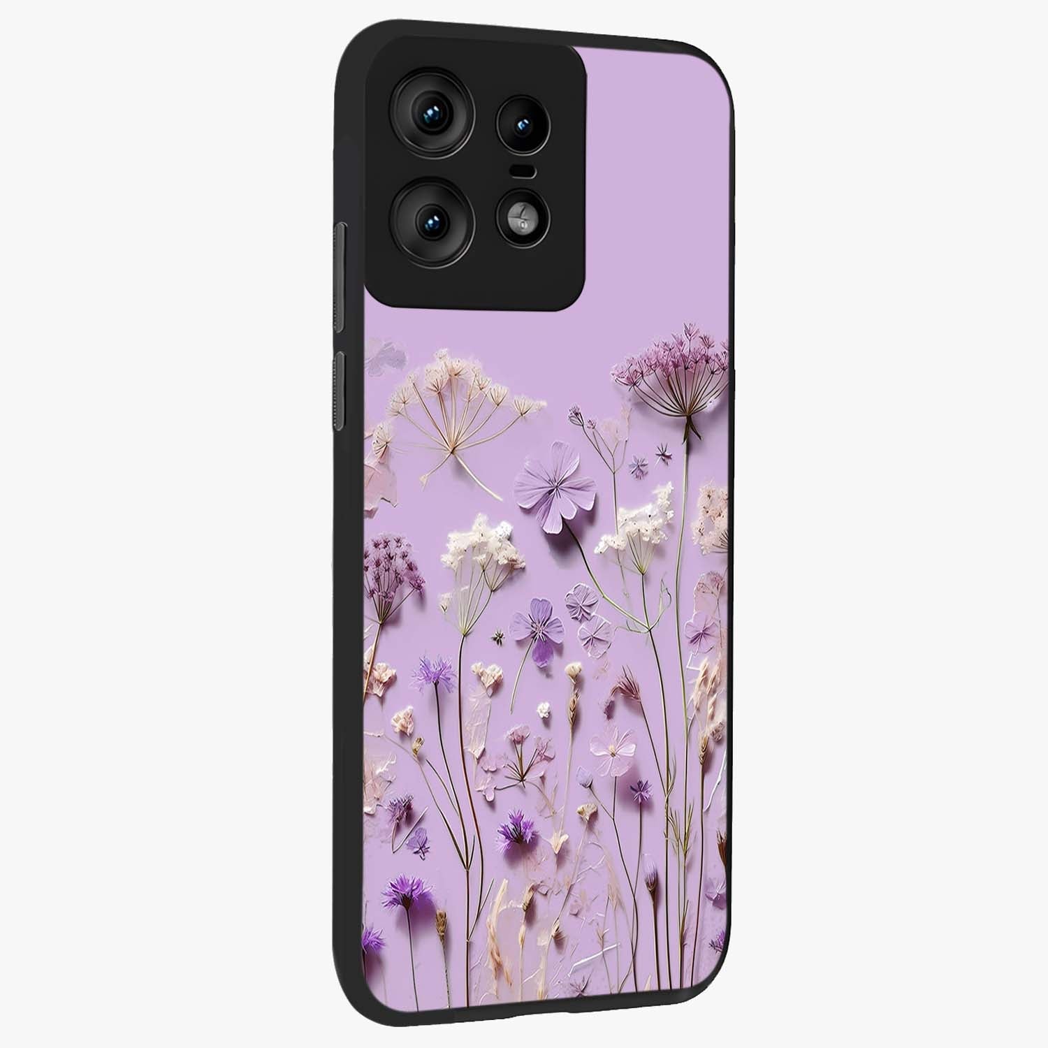 Lavender Blossom Dream Glass Case upright view showcasing delicate lavender blossom artwork with peaceful floral theme.