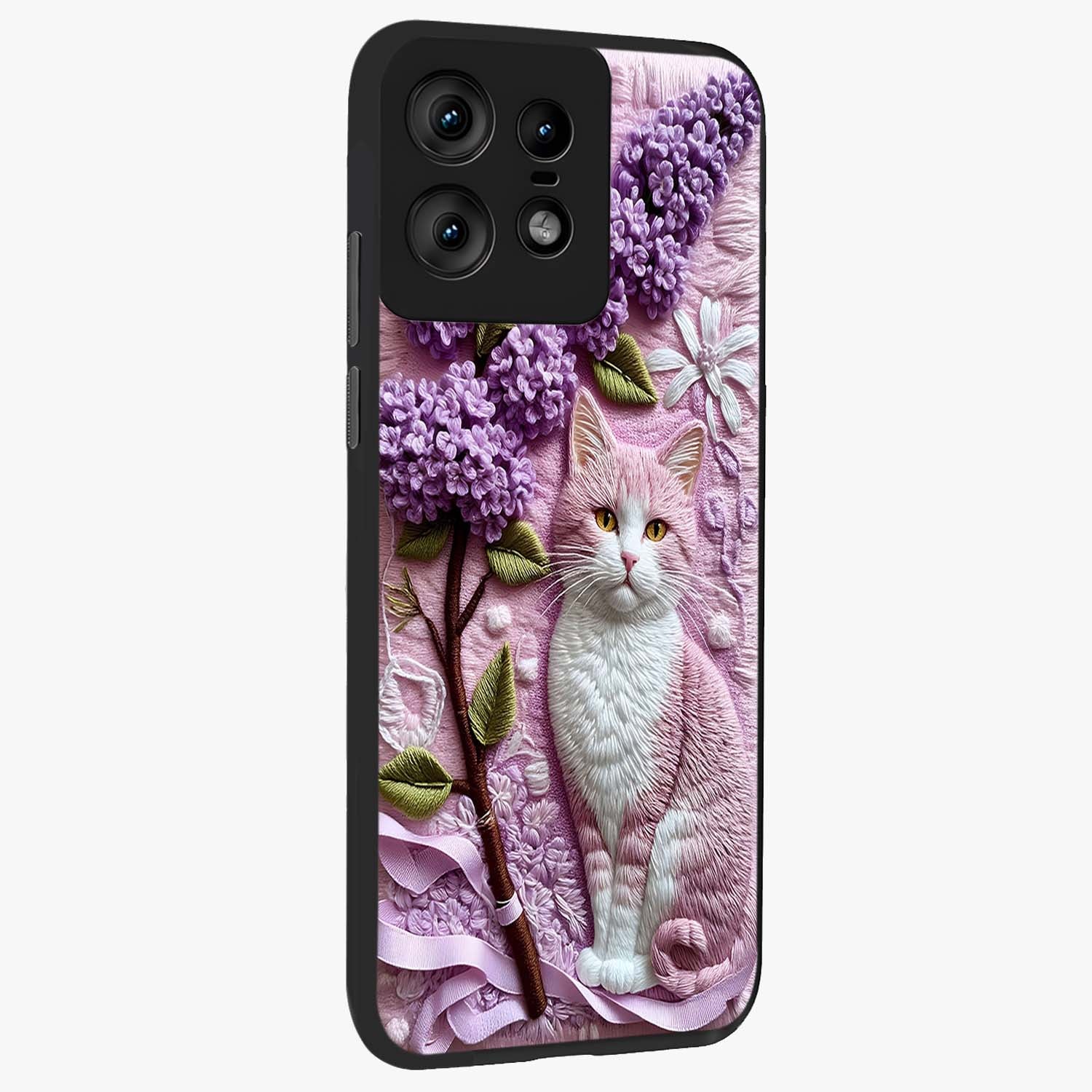Lavender Cat Whimsy Glass Case upright view showcasing charming cat artwork with whimsical lavender theme.