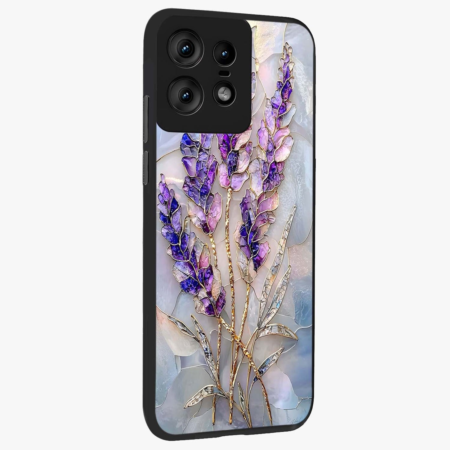 Lavender Dream Glow Glass Case upright view showcasing radiant lavender glow artwork with calming dreamy theme.