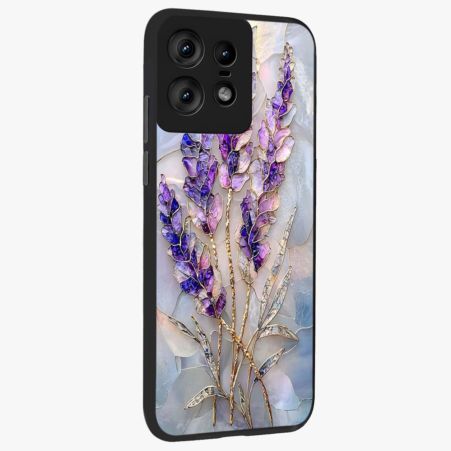 Lavender Dream Glow Glass Case upright view showcasing radiant lavender glow artwork with calming dreamy theme.