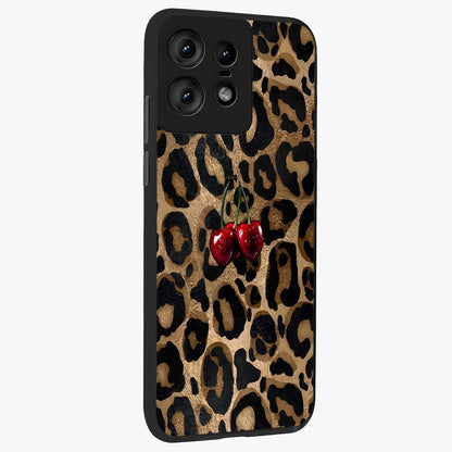 Leopard Wild Cherry Glass Case upright view showcasing stylish leopard pattern artwork with trendy fashion theme.