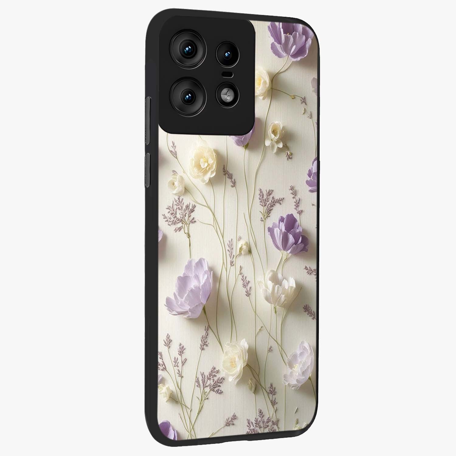 Lilac Breeze Harmony Glass Case upright view showcasing delicate lilac artwork with peaceful floral theme.