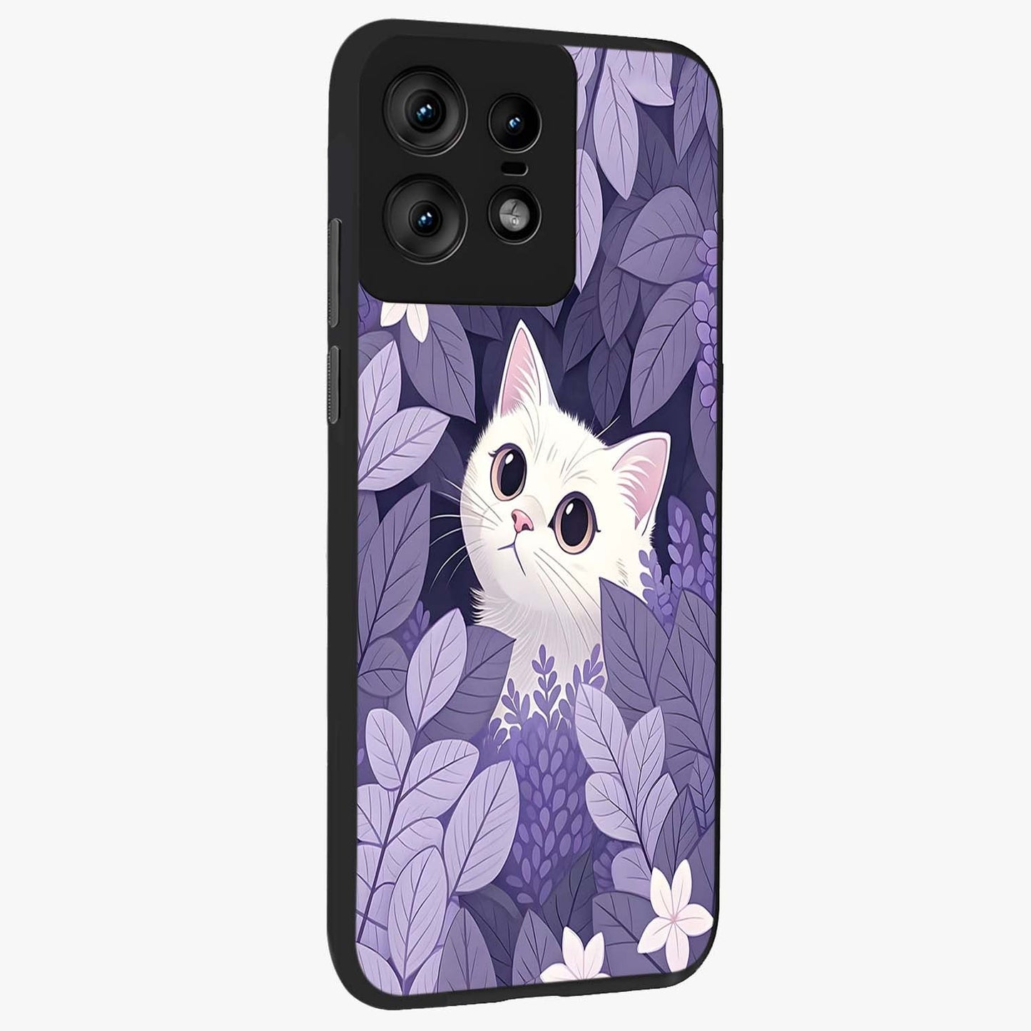 Lilac Hide Peek Cat Glass Case upright view showcasing charming cat artwork with adorable peek theme.