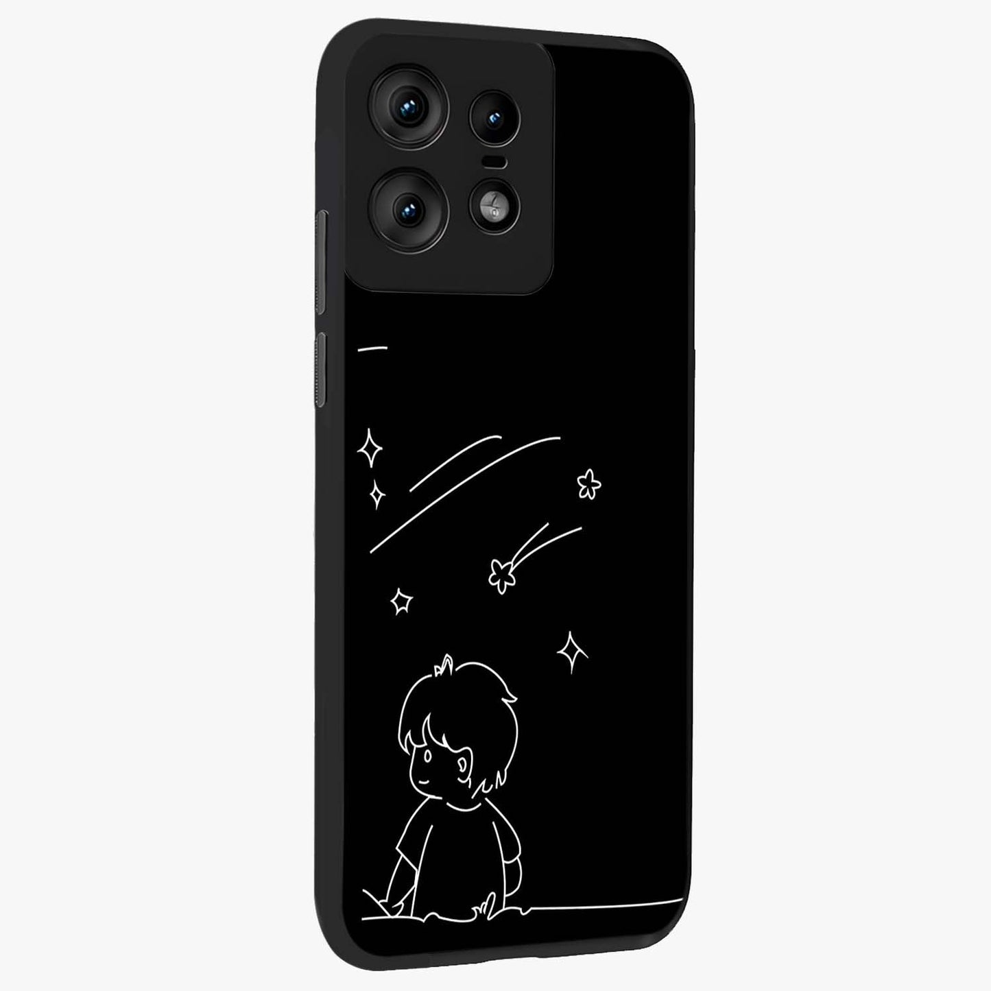 Line Art Boy With Shooting Stars Glass Case upright view showcasing artistic shooting star illustration with minimal style.