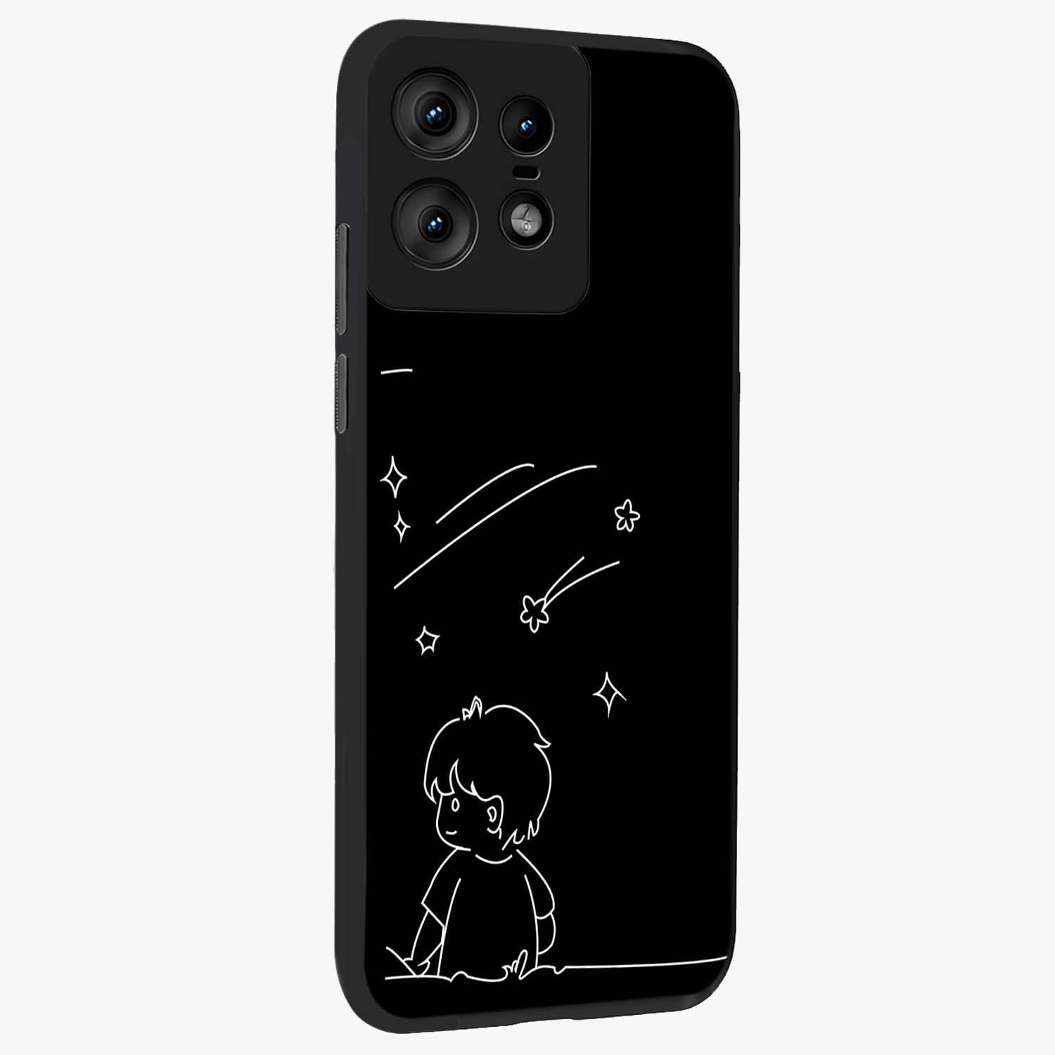 Line Art Boy With Shooting Stars Glass Case upright view showcasing artistic shooting star illustration with minimal style.