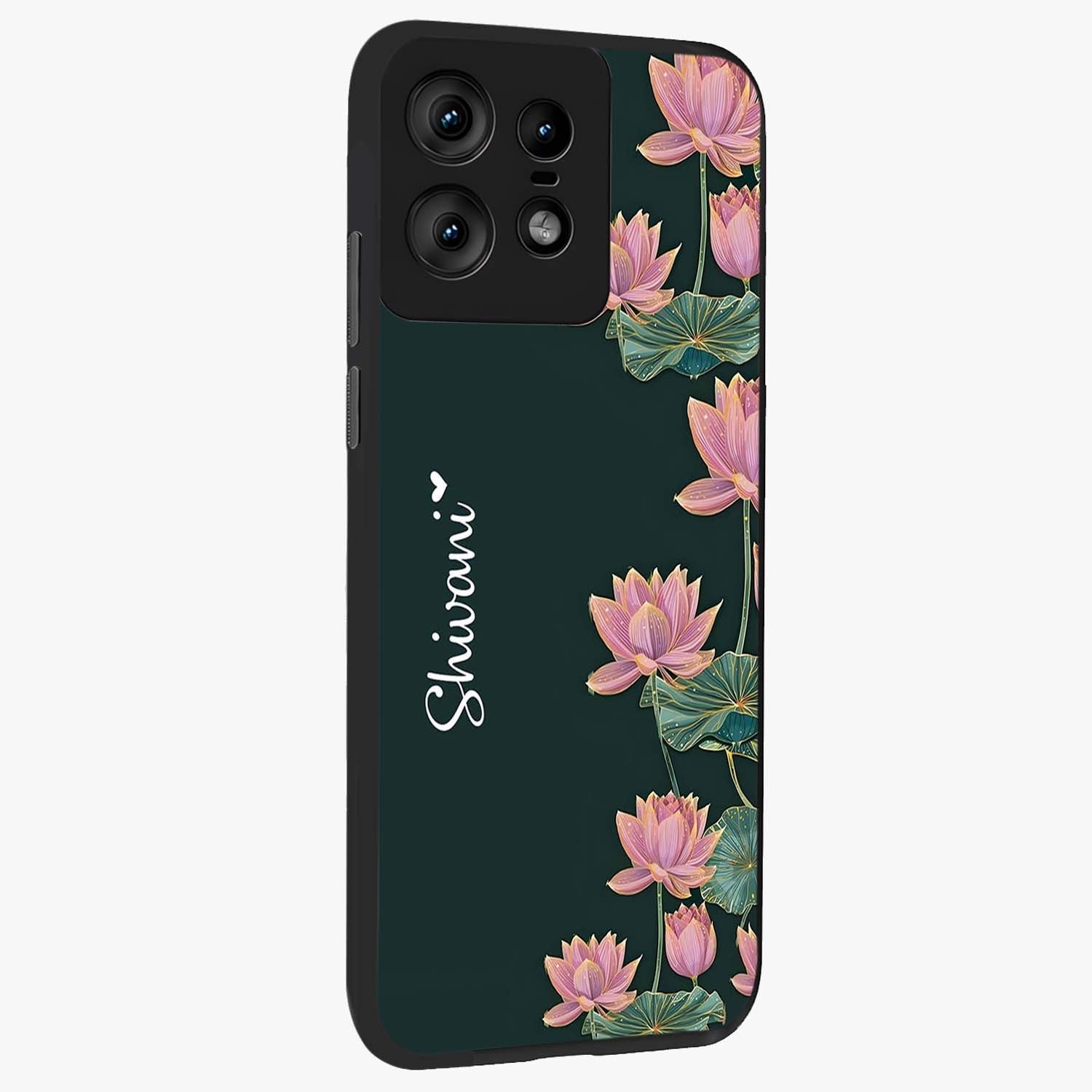 Lotus Bloom Serenity Custom Name Glass Case upright view showcasing serene lotus bloom artwork with personalized floral aesthetic.