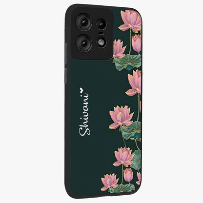 Lotus Bloom Serenity Custom Name Glass Case upright view showcasing serene lotus bloom artwork with personalized floral aesthetic.