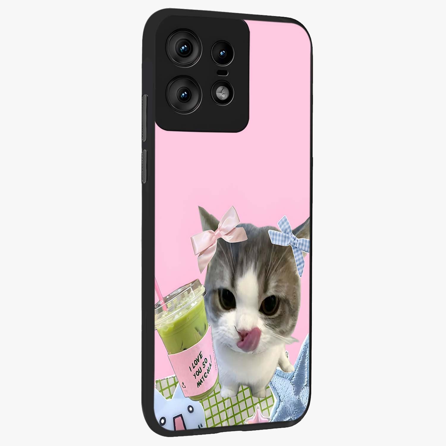 Love Matcha Cat Glass Case upright view showcasing adorable cat artwork with charming matcha themed design.