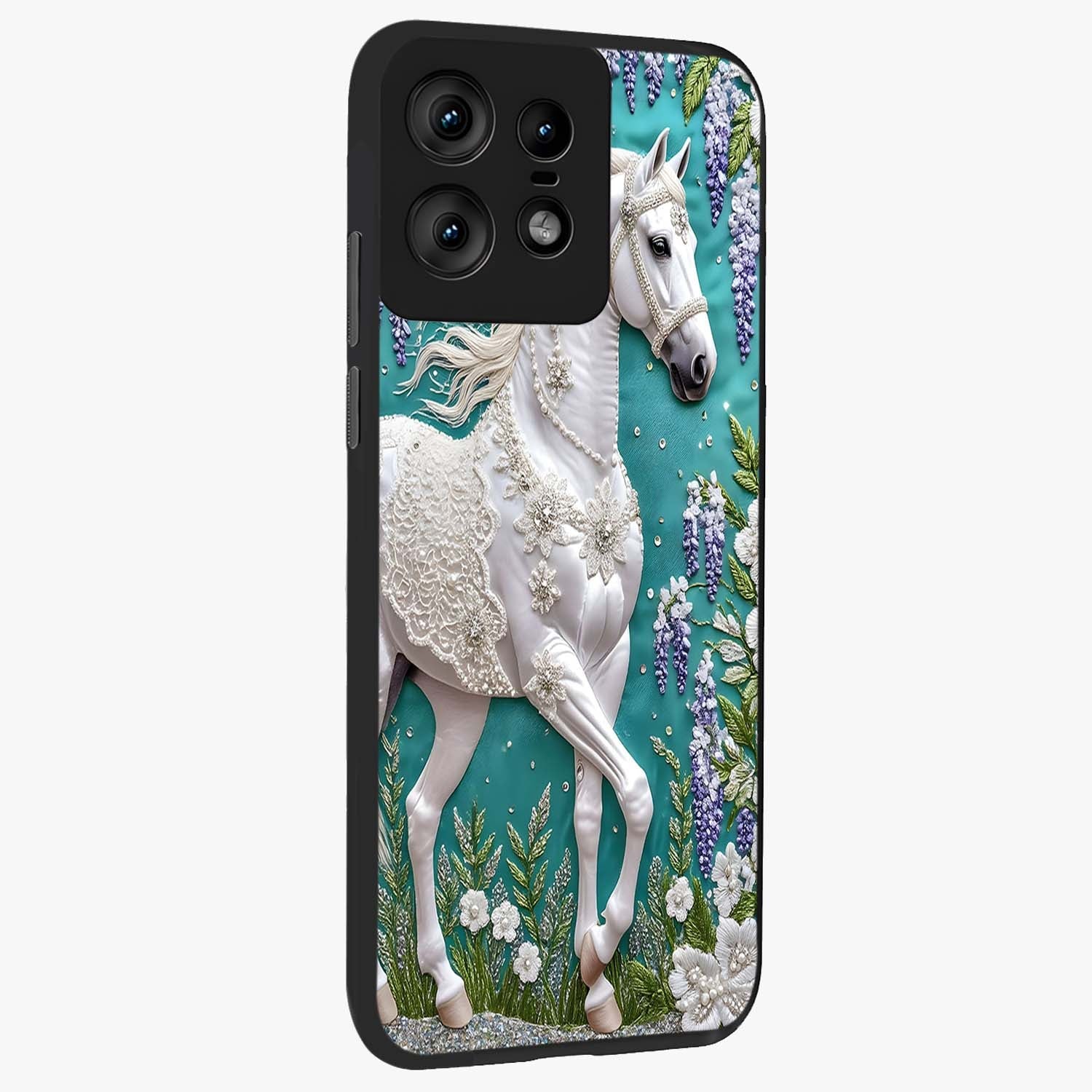 Majestic Floral Stallion Glass Case upright view showcasing dramatic horse artwork with decorative floral theme.