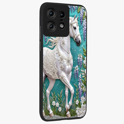 Majestic Floral Stallion Glass Case upright view showcasing dramatic horse artwork with decorative floral theme.