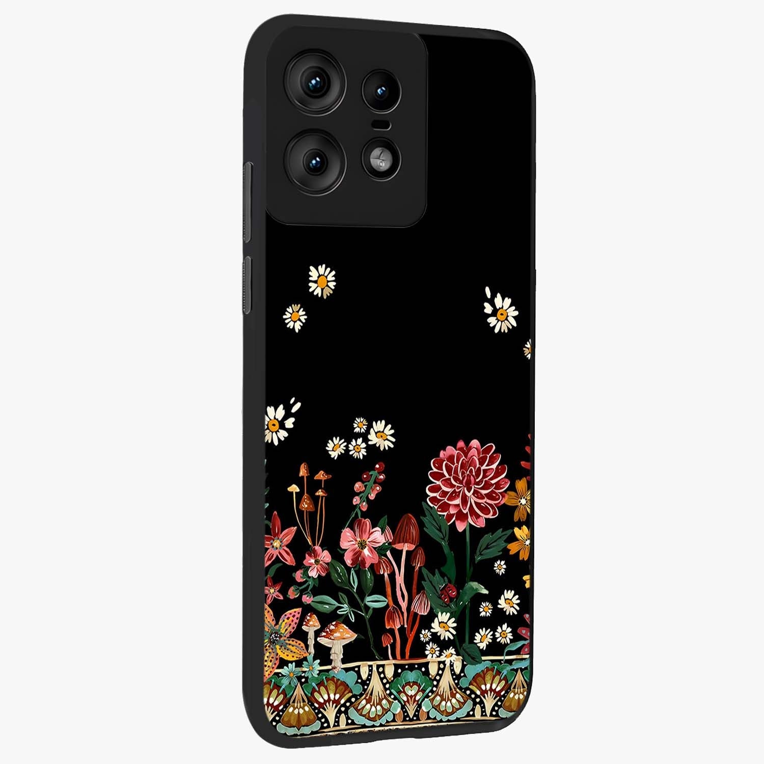 Midnight Bloom Pattern Glass Case upright view showcasing decorative floral artwork with deep night themed palette.