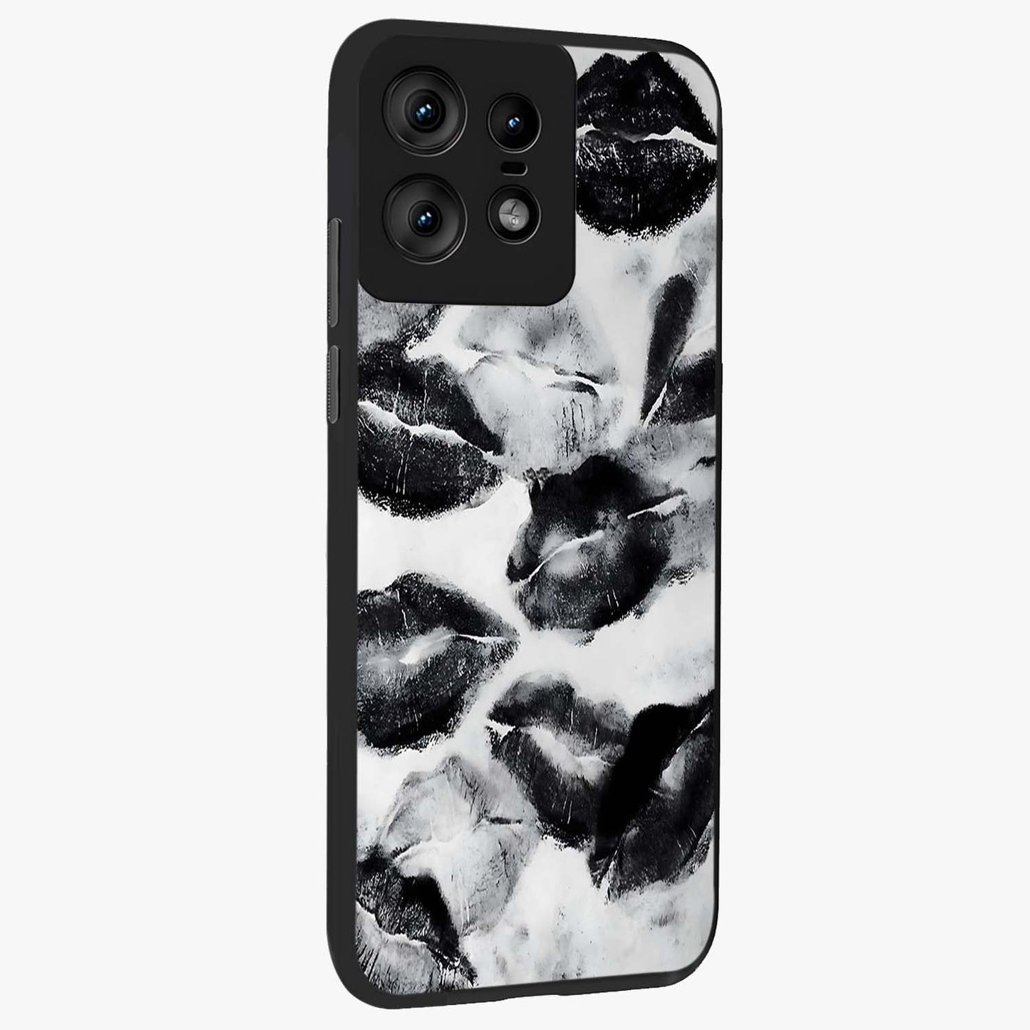 Midnight Kiss Marks Glass Case upright view showcasing stylish kiss mark artwork with trendy romantic theme.