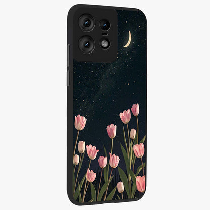 Midnight Tulip Whispers Vibe Glass Case upright view showcasing graceful tulip artwork with calm botanical theme.