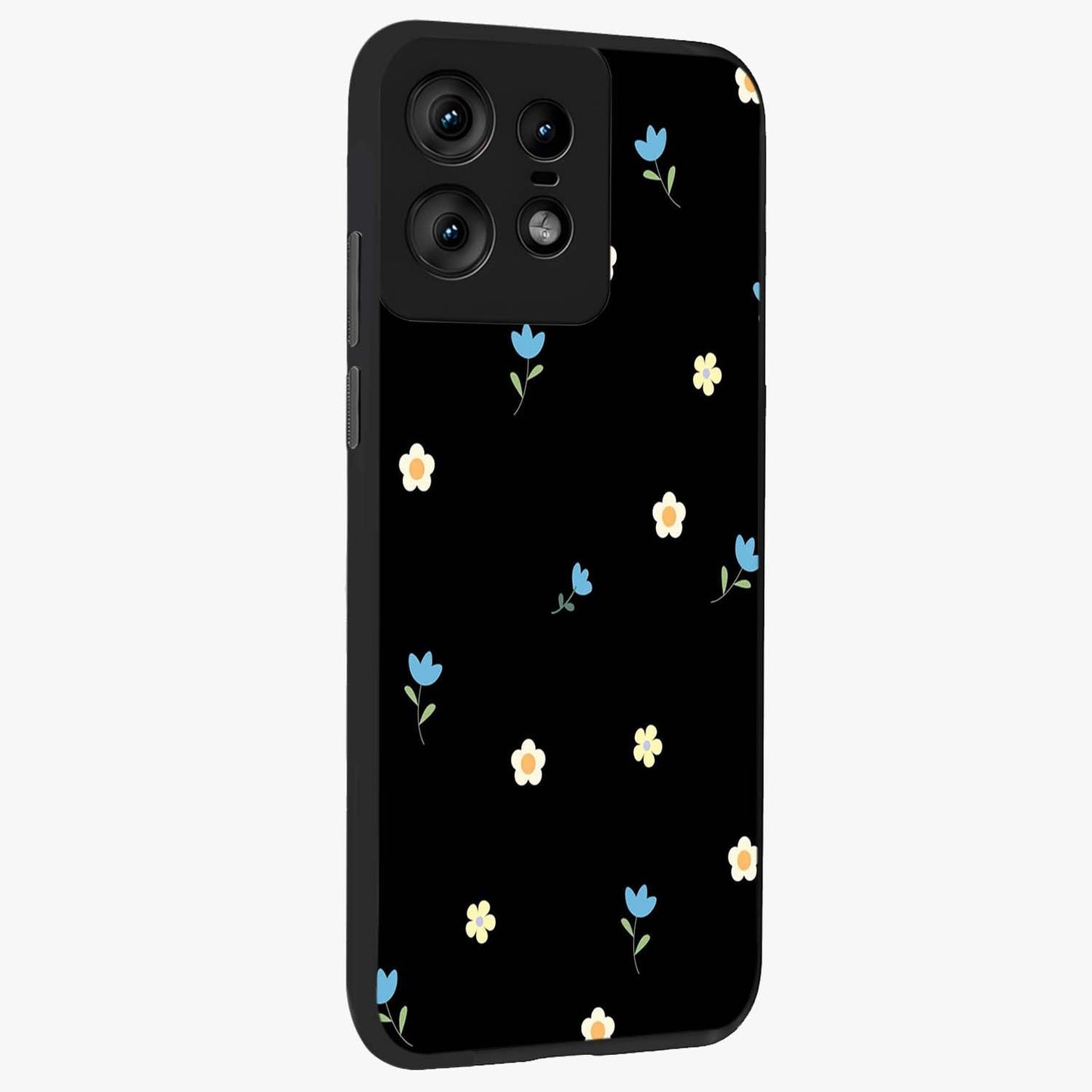 Minimal Petal Whispers Glass Case upright view showcasing elegant floral artwork with modern minimalist style.
