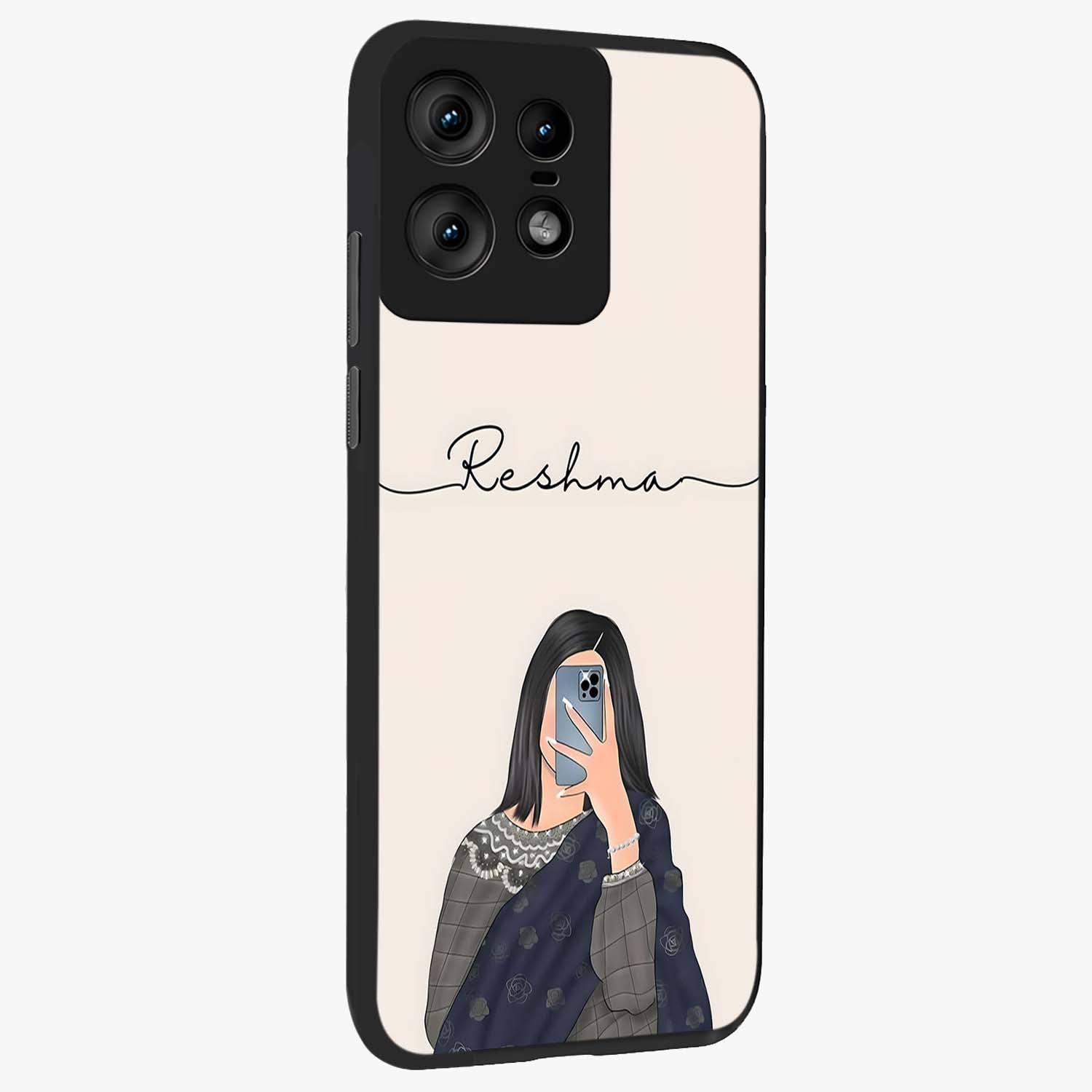 Mirror Mood Muse With Custom Name Glass Case upright view showcasing artistic mirror themed artwork with personalized aesthetic.