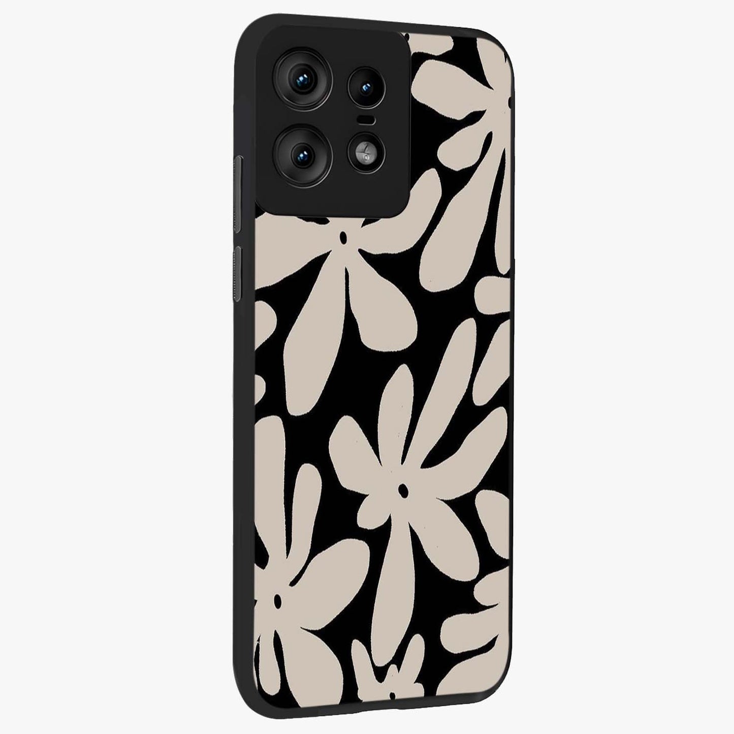 Monochrome Petal Dance Glass Case upright view showcasing artistic floral pattern with stylish monochrome theme.